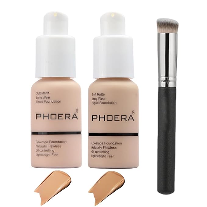 2 Pcs Liquid Foundation Full Coverage 24HR 30ml Matte Oil Control Foundation Makeup Concealer (Buff Beige & Sand) with Kabuki Foundation Brush Flat Top-VivaGrace Women