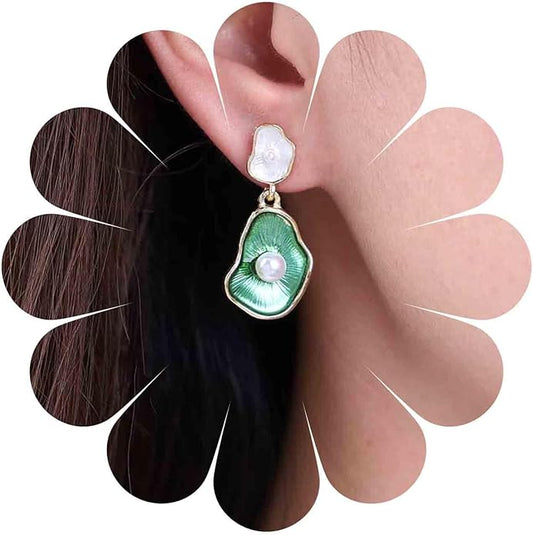 Vintage Lotus leaf Pearl Drop Earrings Green Lotus Leaf Earrings Green Enamel Flower Earrings Gold Irregular Pearl Earrings Jewelry for Women-VivaGrace Women