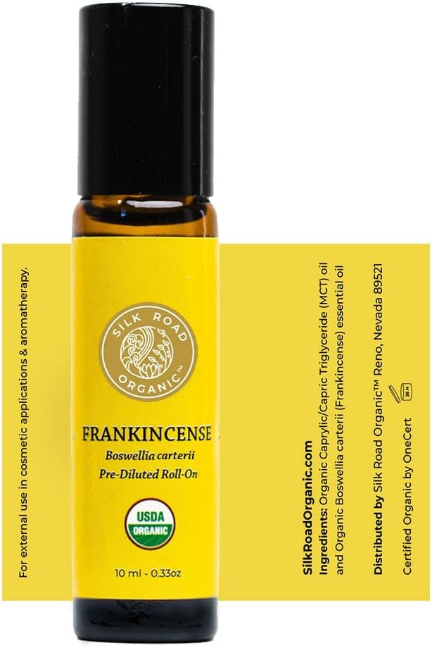 Silk Road Organic Frankincense Carterii Essential Oil Roll On, 100% Pure USDA Certified Aromatherapy for Radiant Skin, Body Aches, Stress Relief, & Calm - 10 ml Roller-VivaGrace Women