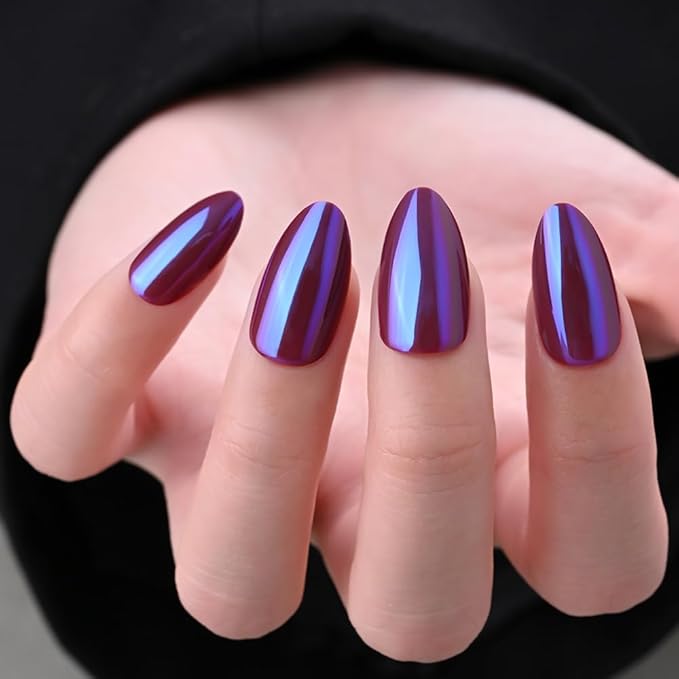 Aurora Chrome Purple Press On Nails Short Almond 30 Pcs, Designer Reusable Acrylic Fake Nails with Glue, Glossy Soft Gel Nails Wedding and Party, Stick On Glue On Nails, Nails fro Women Gift