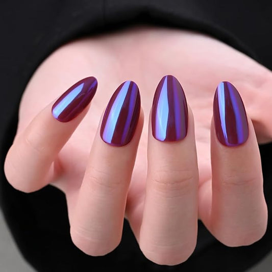 Aurora Chrome Purple Press On Nails Short Almond 30 Pcs, Designer Reusable Acrylic Fake Nails with Glue, Glossy Soft Gel Nails Wedding and Party, Stick On Glue On Nails, Nails fro Women Gift