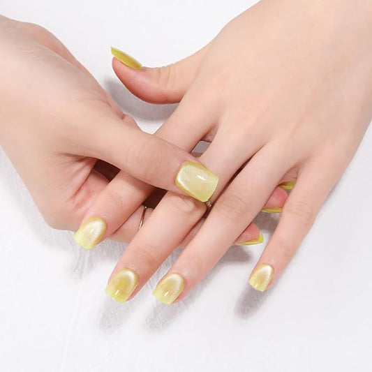 Yellow Press on Nails Short, Cat Eye Press on Nails Square, Fashion Gel Fake Nails, Reusable Acrylic Fake Nails, Glossy Stick on Nails for Women Girls Gift, Glue on Nails Kit, Golden Mirage