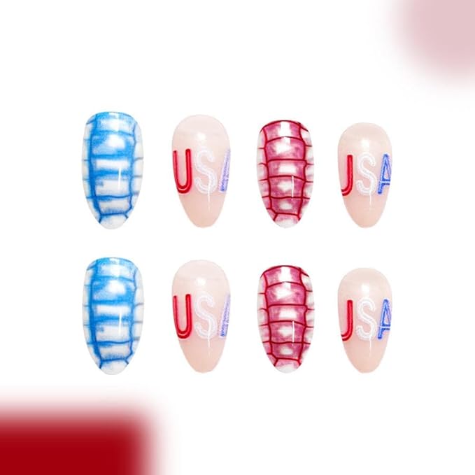 Independence Day Press on Nails Short Almond Fake Nails with Red Blue Checked Design USA Star False Nails Glossy Full Cover Summer 4th of July Stick on Nails for Women Girls Manicure 24Pcs