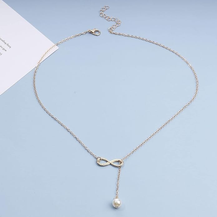 Boho Pearl Infinity Necklace Silver Y Pearl Necklace Minimalist Chain Y Lariat Necklace Chain Jewelry for Women and Girls-VivaGrace Women