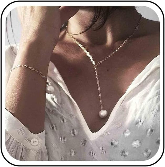 Boho Long Pearl Necklace Gold Lariat Y Necklace Choker Pearl Pendant Necklace Vintage Minimalist Necklace Chain Jewelry for Women and Girls-VivaGrace Women