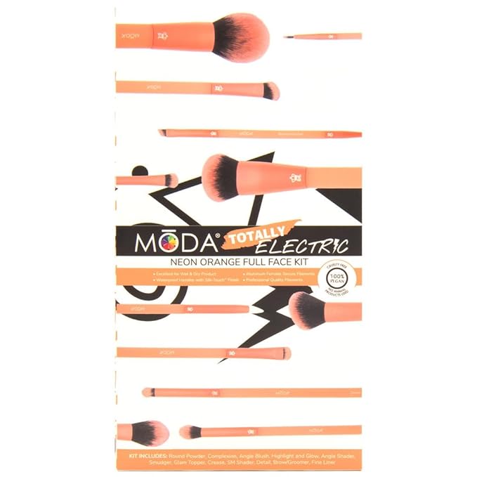MODA Totally Electric Neon Orange Full Face Makeup Brush Kit – 13pc Vibrant Brush Set for Face & Eyes with Zip Case-VivaGrace Women