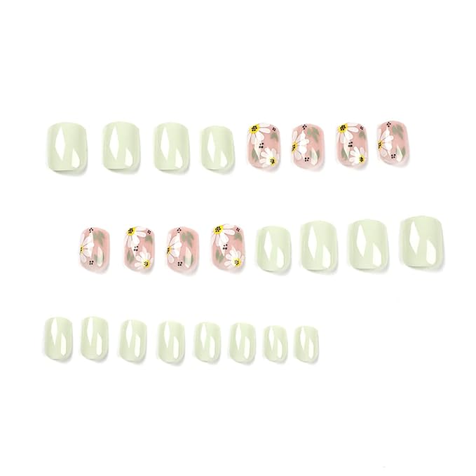 Press on Nails Short Square False Nails with Flower Designs Green Fake Nails with Nail Glue Spring Glue on Nails Summer Acrylic Nails Glossy Artificial Nails for Women and Girls