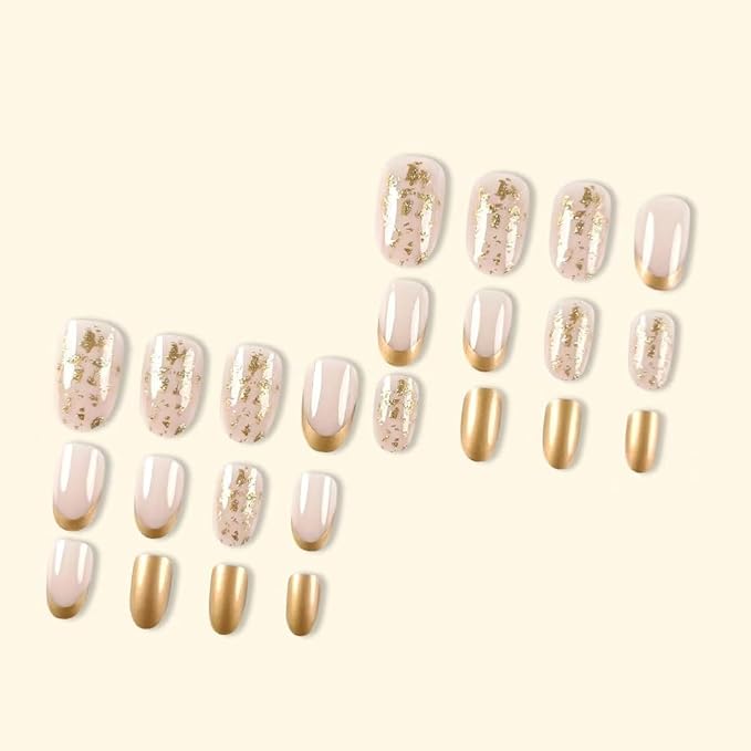 Medium Gold French Tip Press on Nails Almond Fake Nails Nude False Nails with Gold Foil Design Glossy Acrylic Glue on Nails Reusable Artificial Nail Full Cover Sticker on Nails for Women Manicure