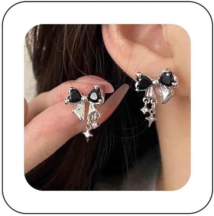 Vintage Crystal Bow Earrings Black Onyx Stud Earrings Silver Tiny Cross Drop Earrings Sparkly Cz Rhinestone Bow Earrings Jewelry for Women-VivaGrace Women