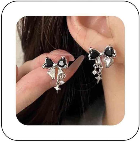 Vintage Crystal Bow Earrings Black Onyx Stud Earrings Silver Tiny Cross Drop Earrings Sparkly Cz Rhinestone Bow Earrings Jewelry for Women-VivaGrace Women