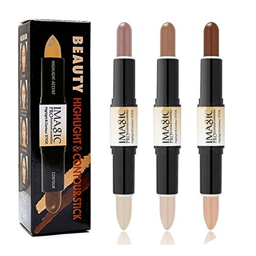 CCbeauty 3pcs 2-IN-1 Matte Contour Highlighter Kit with Blush, Cream Dual-End Highlight Bronzer Concealer Blusher Stick for Cheeks & Lip,Eye, Long Lasting Contouring Face Shaping Makeup, Light-Medium-VivaGrace Women