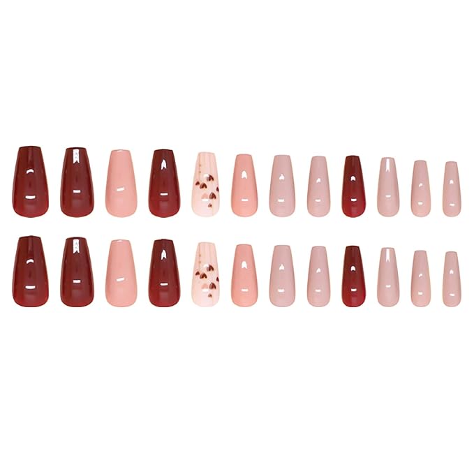 Coffin Press on Nails Medium Fake Nails Red Brown False Nails with Heart Designs Holiday Nail Press ons Glossy Artificial Nails Natural Stick on Nails for Women 24Pcs