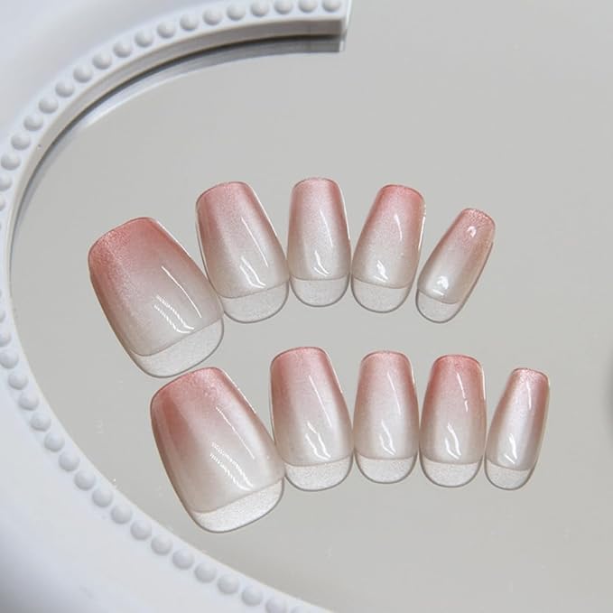 KQueenest Cat Eye Ombre Pink Press on Nails Short Coffin, 30 Pcs Glitter French Fake Nails Press ons, Acrylic Glue on Nails Shiny Sparkle False Nails Reusable Stick on Nails for Women Daily Wear