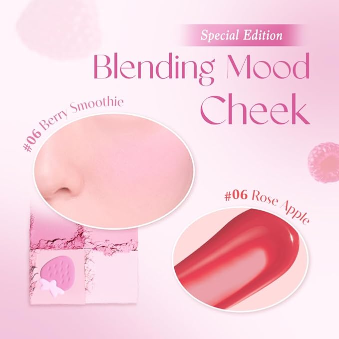 Dasique Blending Mood Cheek Special Edition #06 Berry Smoothie with FREE Juicy Dewy Tint Mini #06 Rose Apple | 4 Blendable Shades in Lightweight Smooth Powder | Korean Makeup-VivaGrace Women