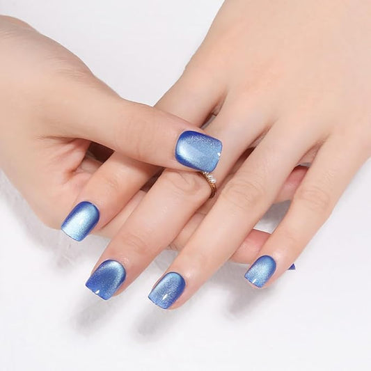 Blue Press on Nails Short Square, Cat Eye Press on Nails, Fashion Gel Fake Nails, Reusable Acrylic Fake Nails, Glossy Stick on Nails for Women Girls Gift, Glue on Nails Kit, Ice Blue