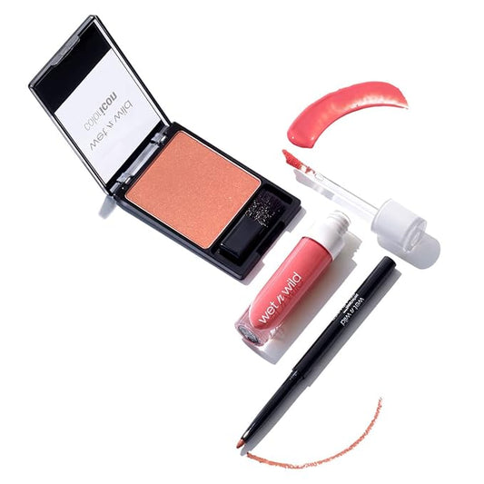 wet n wild Edit Makeup Set Peaches And Cream MegaLast Liquid Catsuit Peach Style, Color Icon Blush Pearlescent Pink, Perfect Pout Gel Lip Liner Think Flamingo-VivaGrace Women