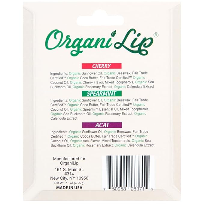OrganiLip Organic Lip Balm, Variety3 Pack (Spearmint, Cherry, Acai), Ultra Hydrating Lip Moisturizer for Dry Lips, USDA Certified Organic,-VivaGrace Women