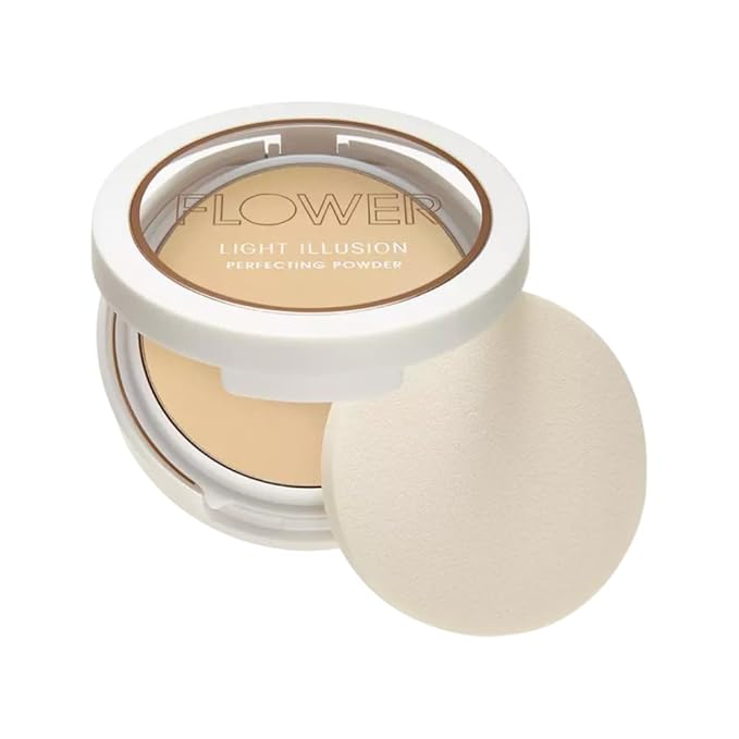 FLOWER Beauty By Drew Barrymore Light Illusion Perfecting Powder - Powder Foundation + Setting Powder for Makeup - Medium Buildable Coverage - Natural Glow + Flawless Finish - Mirror + Sponge Include d (Caramel)-VivaGrace Women