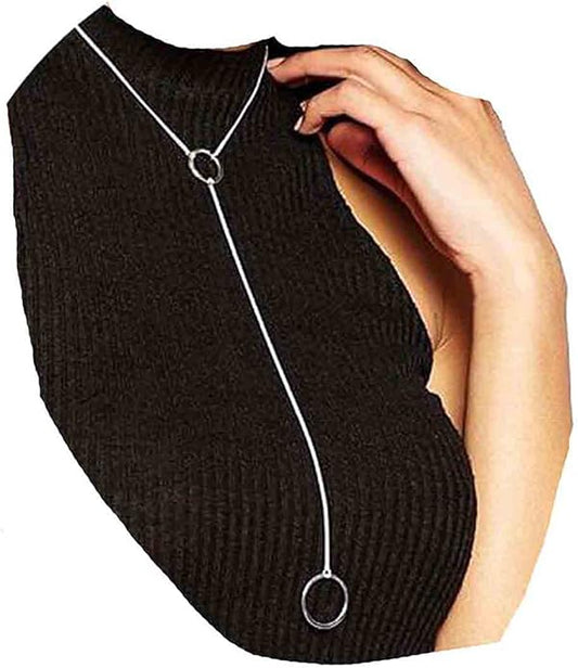 Boho Long Circle Pendant Necklace Silver Y Lariat Necklace Minimalist Y Drop Chain Necklace Jewelry for Women-VivaGrace Women