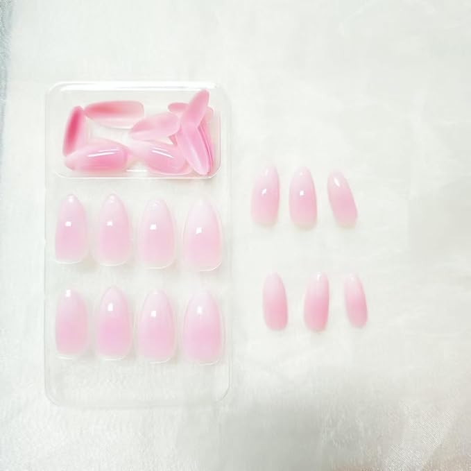 Pink Gradient Press on Nails Medium Almond Fake Nails with White Ombre Design False Nails Glossy Glue on Nails Artificial Acrylic Stick on Nails for Women Girls Manicure 24pcs, Style010