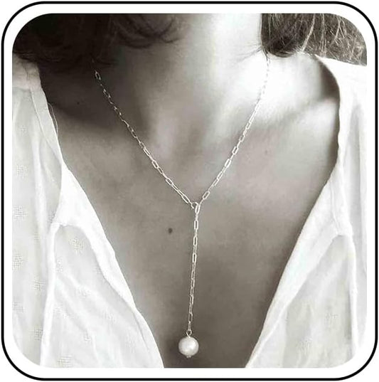 Boho Long Pearl Necklace Gold Lariat Y Necklace Choker Pearl Pendant Necklace Vintage Minimalist Necklace Chain Jewelry for Women and Girls-VivaGrace Women