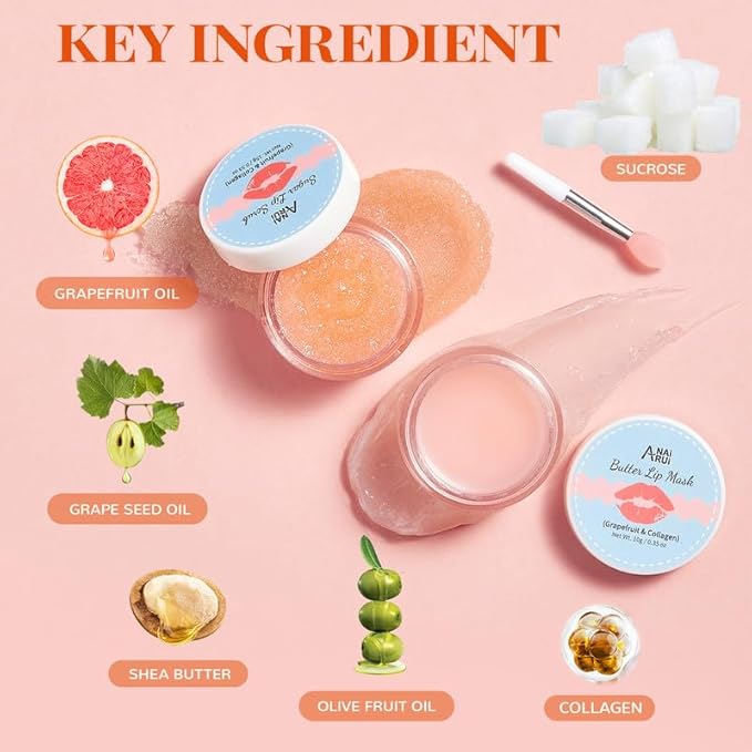 ANAIRUI Lip Mask Set, Lip Exfoliator Scrub & Moisturizer,Grapefruit Lip Care Kits With Lip Sleeping Mask & Sugar Lip Scrub, Lip Overnight Plumper Set for Dry, Chapped Lips-VivaGrace Women