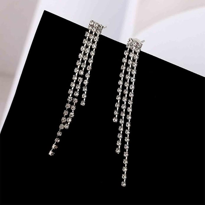 Boho Rhinestone Tassel Earrings Long Fringe Drop Dangle Earrings Silver Crystal Chain Tassel Earrings Vintage Chandelier Chain Studs Earrings Luxury Statement Earrings Jewelry for Women and Girls Gifts-VivaGrace Women