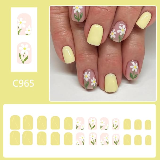 24Pcs Short Press on Nails Square Shaped Fake Nails Yellow Flower False Nails for Women Cute Glossy Stick on Nails Reusable Artificial Acrylic Nails Summer Glue on Nails Manicure Kit