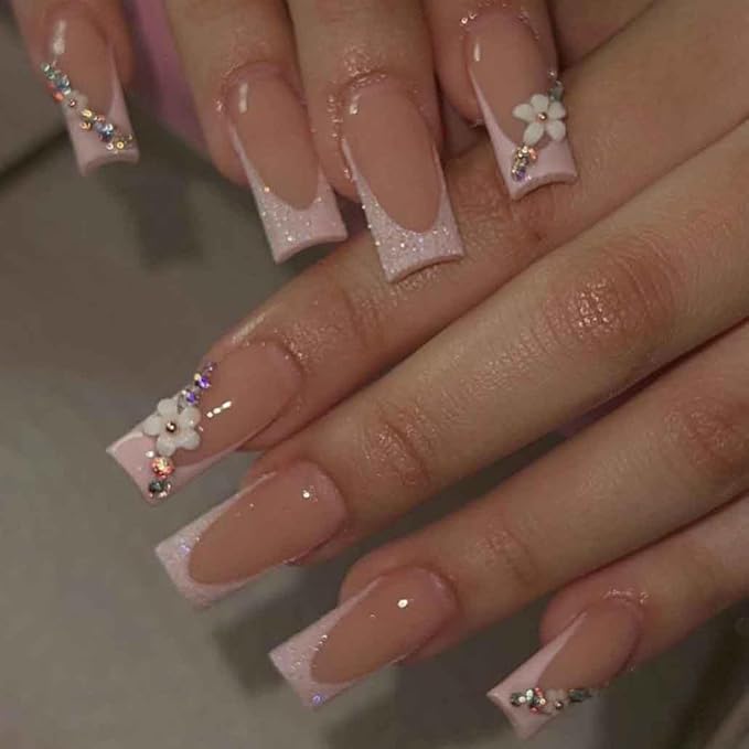 3D Flower Fake Nails Square Pink French Press on Nails Long Bling Glossy Rhinestone False Nail Tips Artificial Nails Finger Manicure for Women and Girls 24pcs