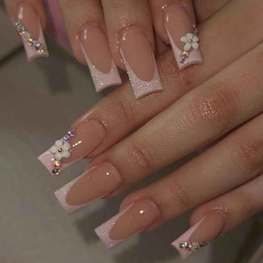 3D Flower Fake Nails Square Pink French Press on Nails Long Bling Glossy Rhinestone False Nail Tips Artificial Nails Finger Manicure for Women and Girls 24pcs