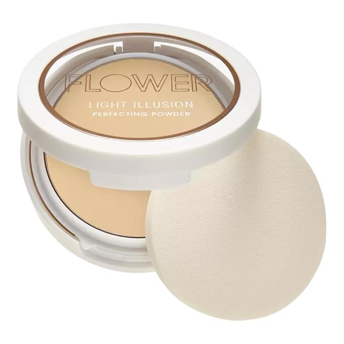 FLOWER Beauty By Drew Barrymore Light Illusion Perfecting Powder - Powder Foundation + Setting Powder for Makeup - Medium Buildable Coverage - Natural Glow + Flawless Finish - Mirror + Sponge Include d (Sable)-VivaGrace Women