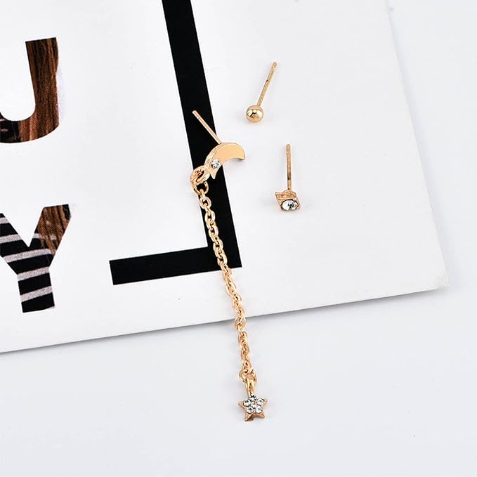 Bohemia Moon Star Dangle Earrings Gold Cz Moon Drop Chain Earrings Crystal Star Earrings Star Chain Earrings for Women and Girls-VivaGrace Women