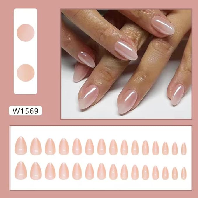 Press on Nails Medium Nude Fake Nails Almond False Nails with Design Reusable Acrylic Artificial Nails Full Cover Glue on Nails Glossy Stick on Nails for Women Girls Manicure 24pcs
