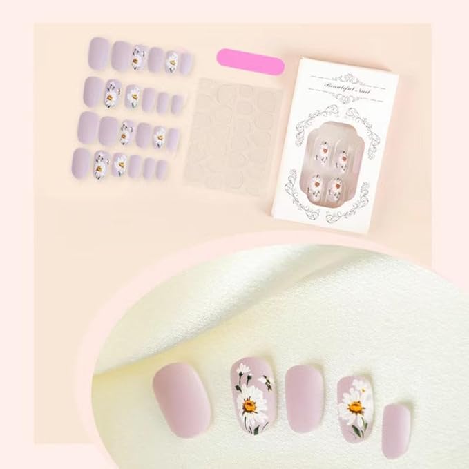 Flower Press on Nails Purple Fake Nails Medium Oval Nail Press ons with Design Lilac Glue on Nails Reusable Artificial Acrylic Nail Full Cover Stick on Nails Cute False Nails for Women Manicure 24pcs