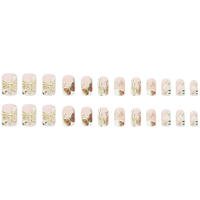 Square Press on Nails Medium Fake Nails White French False Nails with Butterfly Designs Spring Nail Press ons Full Cover Glue on Nails Artificial Nails Cute Stick on Nails for Women 24Pcs