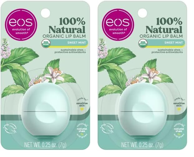 eos 100% Natural & Organic Lip Balm- Sweet Mint, Dermatologist Recommended, All-Day Moisture, Made for Sensitive Skin, Lip Care Products, 0.25 oz (Pack of 2)-VivaGrace Women