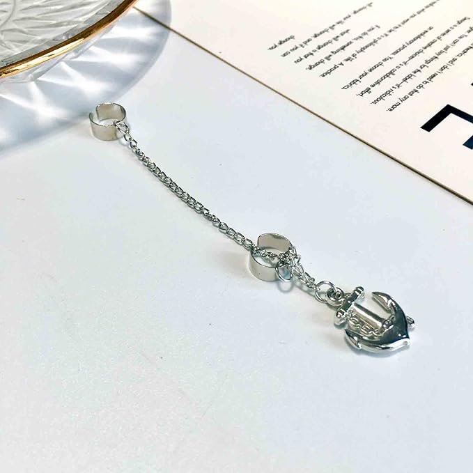 Anchor Chain Cuff Earrings Silver Anchor Dangle Chain Earrings Helix Chain Cartilage Earrings Non Piercing Earrings Jewelry for Women and Girls-VivaGrace Women