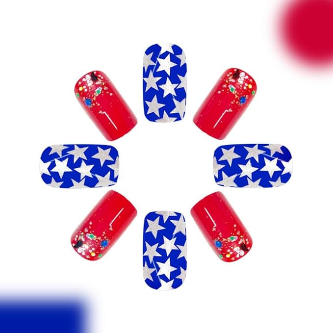 Independence Day Press on Nails Short Square Fake Nails with Glitter Star Design Glossy Red Blue False Nails Summer Stick on Nails Full Cover 4th of July Acrylic Nails for Women Girls Manicure 24Pcs