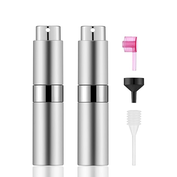 2 PCS/8ml Portable Mini Perfume Atomizer bottles, Empty Refillable Spray Bottle with 3 Types of Refill Tools, Pocket Travel Perfume Sample Bottles(Silver)-VivaGrace Women