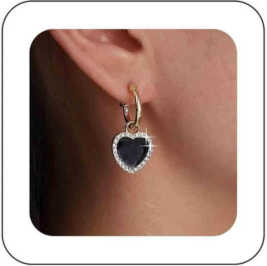 Vintage Crystal Heart Drop Earrings Black Heart Onyx Earrings Black Heart Hoop Huggie Earrings Gold Cz Love Heart Earrings Jewelry for Women-VivaGrace Women