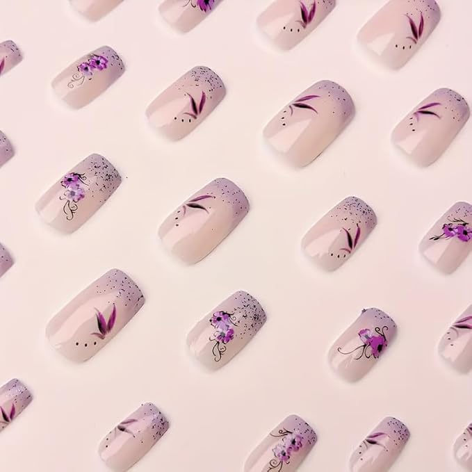 24Pcs Short Square Fake Nails Purple Flower Press on Nails Glitter Designs Valentine Nails Glue on Purple French Tip False Nails Full Cover Gradient Stick on Nails for Women Manicure Kit