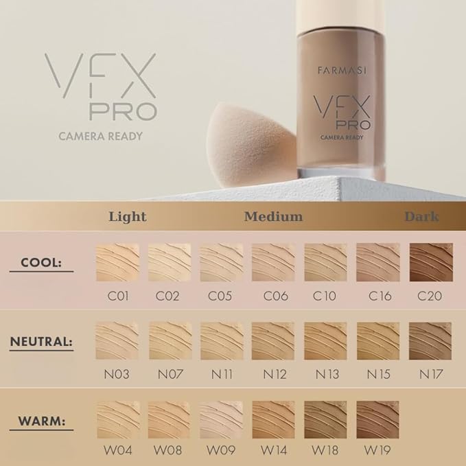 FARMASi Vfx Pro Foundation, Full Coverage Liquid Cream, Lightweight Long Lasting Coverage, Breathable Skin Moisturizer with Color True Matte Blending, Face Makeup, 1 fl. oz / 30 ml - Neutral Medium 13-VivaGrace Women