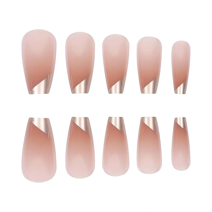Medium Press on Nails Coffin Fake Nails with Designs Nude Gradient Acrylic False Nails with Glue French Gold Tip Artificial Nails Glossy Fake Fingernails Stick on Nails for Women 24Pcs