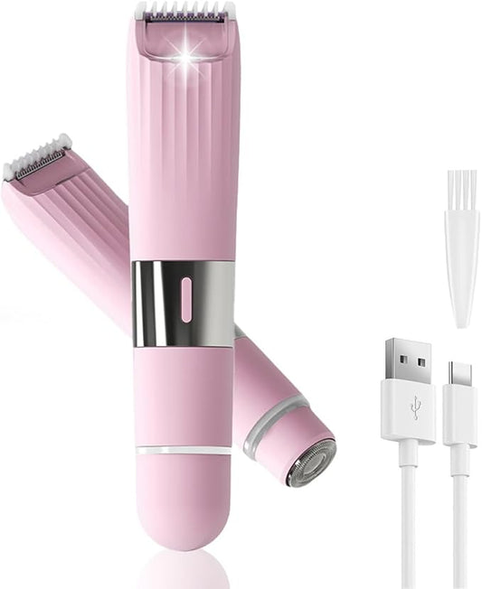 Dual-Head Body Trimmer for Women,2 in 1 Women Electric Shaver,IPX7 Waterproof Close Shaver and Facial Hair Remover for Body,Arm Bikini Face Leg-USB C Charge Wet & Dry Use-Bulit in Light-VivaGrace Women
