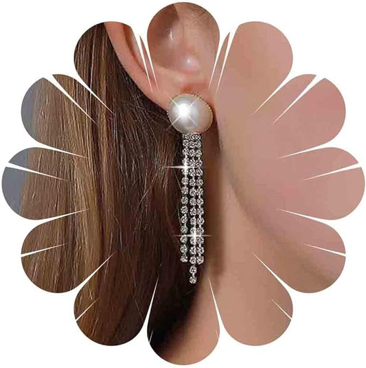 Vintage Crystal Pearl Drop Earrings Cz Bridal Crystal Earrings Long Rhinestone Tassel Earrings Gold Pearl Stud Earrings Jewelry for Women-VivaGrace Women