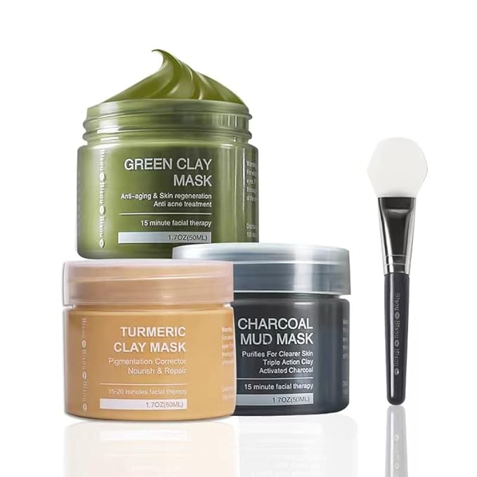 Turmeric Clay, Dead Sea Mud & Charcoal Gel Face Mask Trio With Applicator, Deep cleansing Clay and Mask Applicator, Facial Therapy PH Balanced Hypo-allergenic (3 Sets Mud Mask)-VivaGrace Women