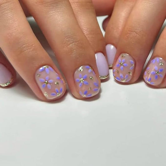 Short Press on Nails Mummer Square Fake Nails Purple Flower False Nails with Glitter Designs Cute French Tip Artificial Acrylic Nails Press ons Reusable Stick on Nails Summer Glue on Nails for Women