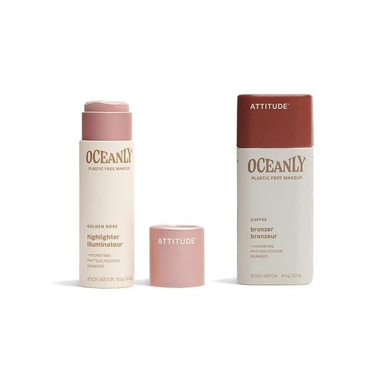 Bundle of ATTITUDE Oceanly Lightweight Highlighter Stick, Titanium Dioxide-Free, EWG Verified, Plastic-Free, Vegan Makeup, Golden Rose, 0.3 Oz + Oceanly Lightweight Bronzer Stick, Coffee, 0.3 Oz-VivaGrace Women