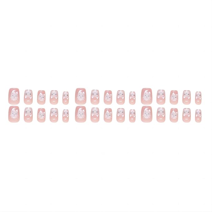 Medium Press on Nails Square Fake Nails Pink Cat Eye Nail Press ons Acrylic False Nails with Cute Cat Designs Glitter Artificial Nails Glossy Glue on Nails Natural Stick on Nails for Women
