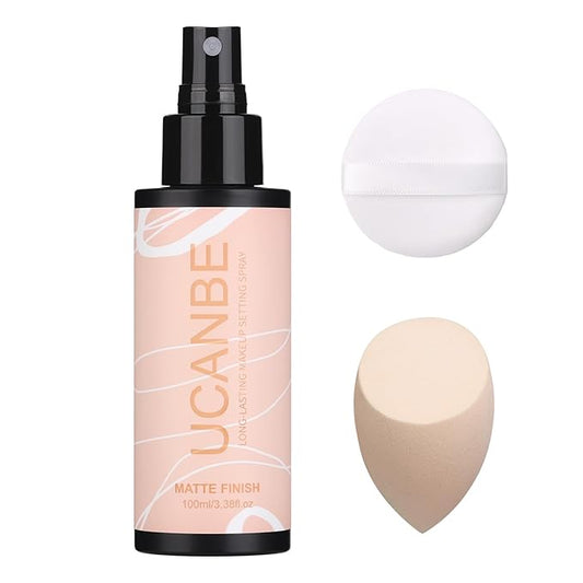 Long Lasting Makeup Setting Spray Kit - 3.38 Fl oz Super Matte Finish Setting Mist Lightweight Face Make up Fixer for Oily Skin + 1PC Sponge Puff + 1PC Powder Puff-VivaGrace Women